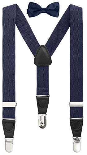 BomGuard 3 Clips Kinder Hosenträger Fliege Set - Kleinkind Junge Mädchen PU,dunkelblau
