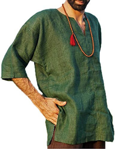 kewing Cotton Linen V Neck Half Sleeve Shirts Mens Solid Color Casual Loose Side Split T-Shirt Green