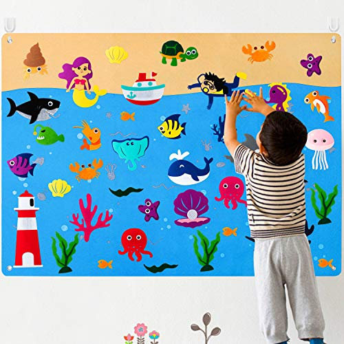 WATINC 45 Meerestier Filz Story Board Kit für Kinder Ocean World Storytelling Set Wiederverwendbares Flanell Seefischspielzeug Hängendes Lernspielzeug Geburtstagsfeier Geschenk für Jungen Mädchen