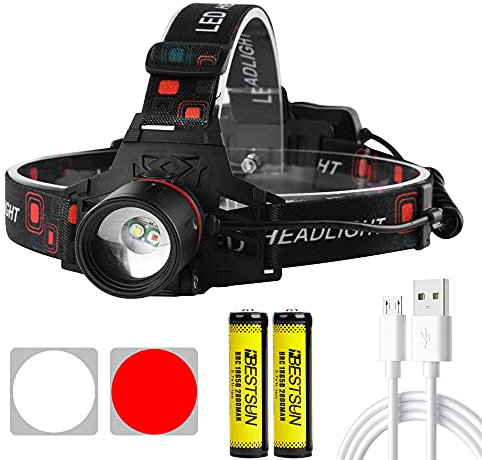 Torcia Frontale Ricaricabile, Lampada Frontale LED Super Luminosa con Luce Bianca e Rossa, 4 Modalità, IPX4 Impermeabile, Lampada da Testa Zoomabile per Lettura, Pesca, Corsa, Campeggio