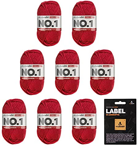 myboshi No.1 Wolle zum Häkeln und Stricken, Schnellstrickgarn, langlebige Mützenwolle, Strickwolle, Häkelwolle, mulesing-frei, Ll. 55m /50g, 30% Wolle (Merinowolle) Rot (Chillirot) 8 Knäuel