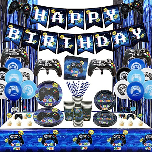 Hegbolke Fournitures de fête de Jeu vidéo - Kit de décoration d'anniversaire de Joueur pour garçons, Comprenant Assiettes, Tasses, Serviettes, Vaisselle, nappes, bannière - pour 20 Personnes