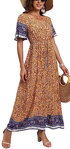 GRECERELLE Womens Summer Maxi Boho Beach Dress Floral Print Dress V Neck Short Sleeve Drawstring High Waist Flowy Long Midi Dresses (Maidenhair Yellow, L)