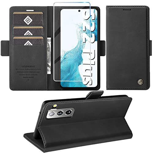 für Samsung Galaxy S22 Plus Hülle mit Schutzfolie, Handyhülle Standfunktion Kartenfach Wallet Premium Leder Schutzhülle S22 Plus 5G Flip Case Cover Stoßfeste Klapphülle (Schwarz)
