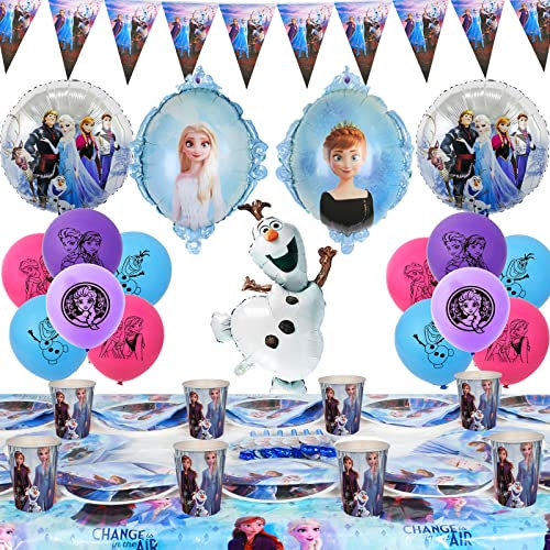 Gebutstag Party Set Frozen, 65 Stück Birthday Party Supplies Frozen, Frozen Birthday Decoration, Einschließlich Teller, Papierhandtücher, Tischdecken, Pappbecher, Latexballon, Wimpel, Blasender Drache