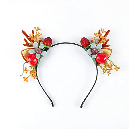 Bufenia Weihnachten Geweih Stirnband Blume Haarreifen Beeren Haarband Rentier Haarschmuck Party Kostüm für Frauen und Mädchen (A)