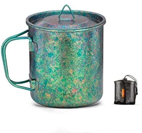 TiTo Titanium Cup Camping Tea Coffee Water Mug Ultralight Portable Cookware 450ml Foldable Handle Titanium Pot with Lid for Outdoor Backpacking Hiking Picnic Drinkware Open Fire (Green)