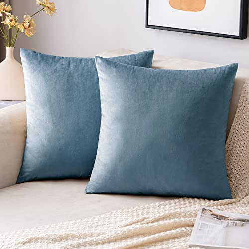 EMEMA Samt Kissenbezug Kissenhülle Dekorative Dekokissen Sofakissen Lendenkissen Wurfkissenbezug mit Verstecktem Reißverschluss Schlafzimmer Sofa 2er Set 45x45 cm Hellblau