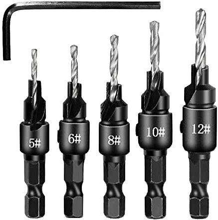 5 Pcs Countersink Drill Bit Set 1/4 Hex Shank Hole Saw Drill Woodworking Tools with One Hex Wrench Woodworking Countersink Drill Bits for Wood Drilling