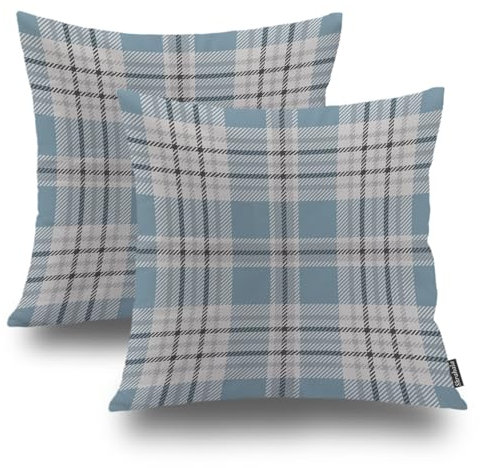 Shrahala Blue Grey Tartan Outdoor Throw Pillow Cover, Country Fashion Pastel Plaids Scottish Square Indoor Pillows Water Resistant Linen for Bedroom Living Room Set of 2 (18 X 18 In)