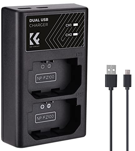 K&F Concept NP-FZ100 Chargeur Rapide Double Emplacement, Double Interface Micro USB et Type-C, Batterie Compatible Sony Alpha A7 III, A7R III (A7R3), A9, Alpha a9 II Câble USB Chargeur de Batterie
