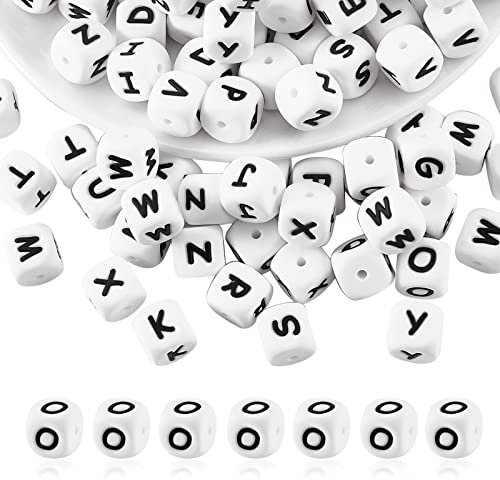 BEEFLYING 20 Pezzi Perline in Silicone con Lettere cubiche Bianche Perline alfabetiche a Dadi Quadrati da 12 mm Perline distanziatrici iniziali a Foro Largo per Gioielli Portachiavi Fare (Lettera O)