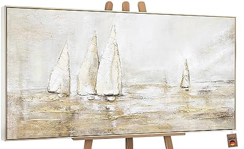 YS-Art Abstrakt Acryl Gemälde auf Leinwand Sonnenblendung handgemalt Wandbilder Wohnzimmer modern Wohndekor Bilder Büro Segelboote im Meer echte Kunst mit Rahmen 120x60 cm