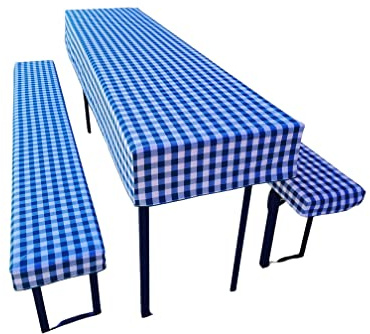 Lemos Home Lot de 3 Coussins pour Tente à bière Comprenant 1 Nappe et 2 Housses de Banc - Taille et Couleurs au Choix (220 x 50 cm, Carreaux Bleus)