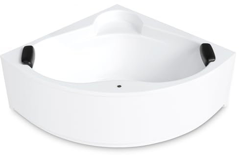 AQUADE Acryl Eckbadewanne 140x140 Modell: Essen Hergеstellt in Dеutschland - Weiß Badewanne Komplettset - Badewannen mit Wannenfüßen + Schürze + Ab-Überlauf mit Zulauf + Led + Nackenkissen