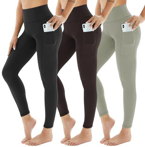 AMIYOYO Sport Leggings Damen mit Tasche High Waist Leggins Blickdicht Sporthose Bauchweg Sportleggins Lang Dehnbar Hose Yoga für Gym Fitness 3er Pack(Schwarz+Braun+Grau,S-M=DE34-40)