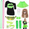 80er Jahre Outfit Damen 80er Jahre Kleidung Frauen Kostüm Accessoires Set mit T-Shirt 80er Perücke Tutu Bauchtasche Stirnband Ohrring Halskette Netzhandschuhe Thema Retro Neon Party Grün 053GM