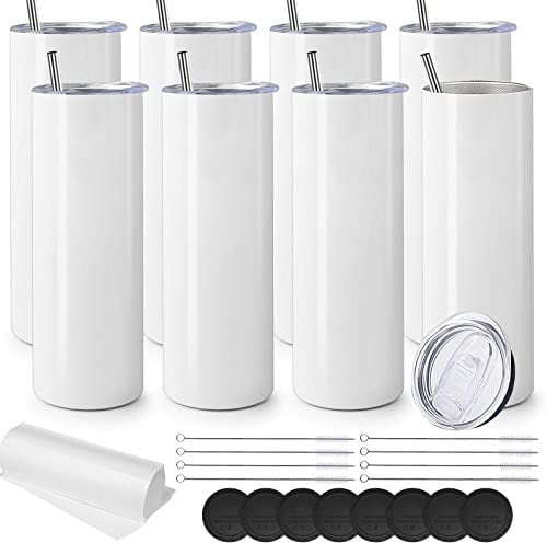 8 Pack 20oz Sublimation Tumblers Bulk, Blank Straight Skinny Tumbler with Lids and Straw, Double Wall Insulated Tumbler Cups for Mug Heat Press Sublimation Transfer