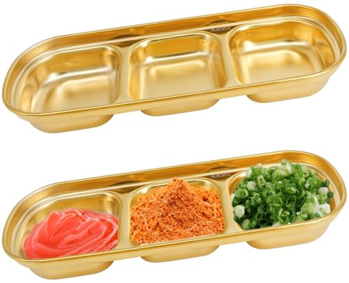 DOERDO 2Pcs Stainless Steel Dipping Sauce Dishes, 3 Compartment Appetizer Serving Trays Snack Dishes for Restaurant Kitchen, Gold, 8.1x3.3 Inch