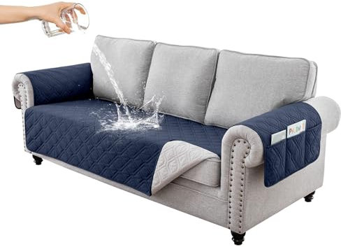 RAPRAP 100% Wasserdichter Sofabezug 3 Sitzer, rutschfest Sofa Überzug mit Tasche, Waschbare Couch Überzug für Kinder, Haustiere, Hunde,Navy Blue,3 Seater