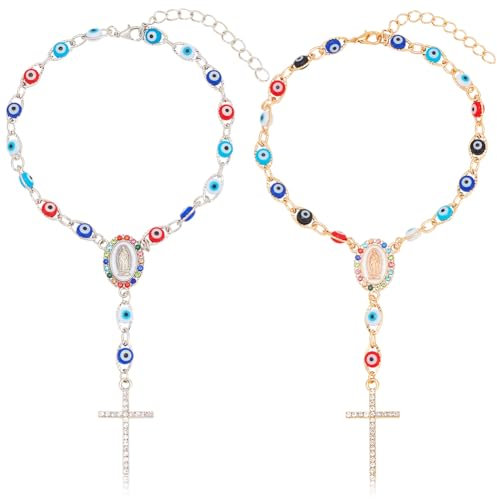 WEBEEDY 2 Stück Auto-Rosenkranz Böser Blick Rückspiegel Hängende Verzierung Anhänger Kreuz Kruzifix Medaille Heimwanddekoration Für Auto-Innenraum Fenster Tür Ostern Geschenk