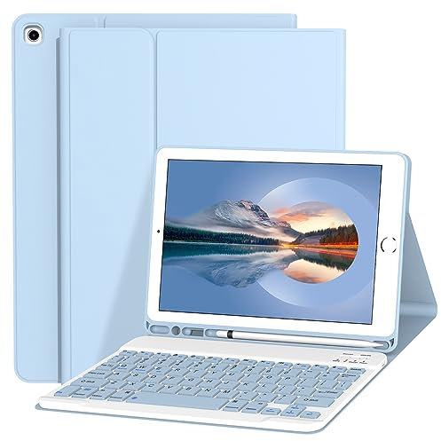 Divufus Keyboard Case for iPad 9.7 Inch 2018/2017 6th/5th Generation, Air 2/1 [Magnetic Detachable Wireless Keyboard] [Support 3 System] Folding Stand with Pencil Holder for iPad 9.7 Light Blue