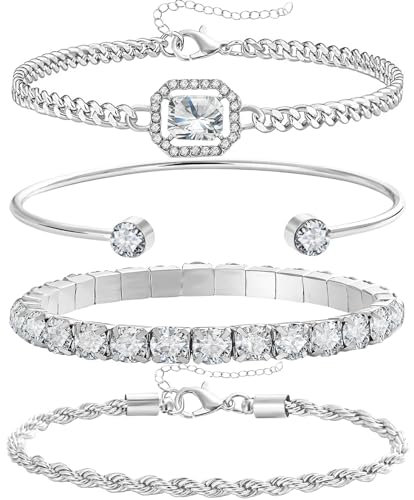 EKKONG Armband Silber Damen, 4 Stück Verstellbare Bracelet Diamant Armbänder Mode Damenarmband Glitzer Schmuck Set für Damen Frauen Mädchen Geburtstag, Jahrestag, Valentinstag