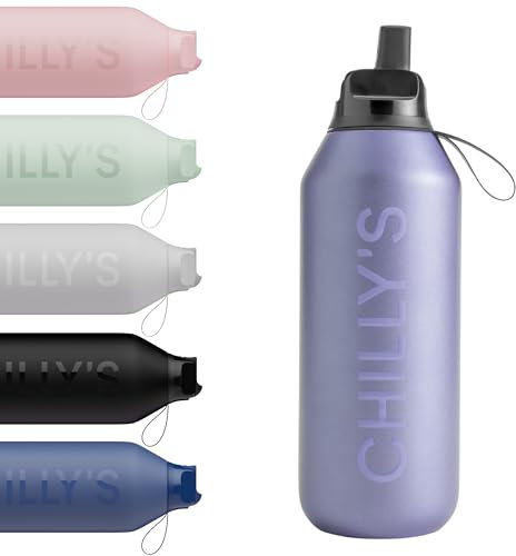 Chilly's Series 2 Gourde de sport avec bouchon rabattable, paille télescopique et boucle de transport en nylon - bouchon facilement amovible, brosse incluse - 500ml - Lavender