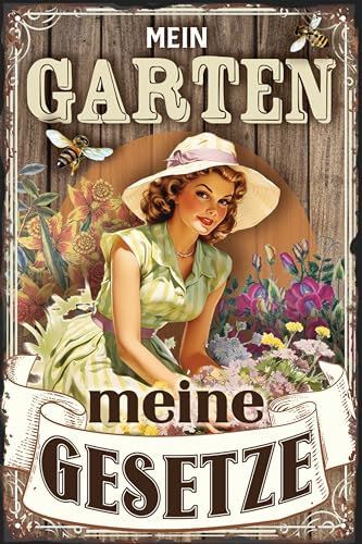 LUCKYLINDE - Wetterfestes Blechschild, Gartenschild – Mein Garten, meine Gesetze – lustiger Spruch, 20 x 30 cm