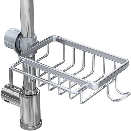 YULIAO Wasserhahn Lagerregal, Spülbecken Organizer, Küchenarmatur Schwammhalter, Spülbecken Organizer Hängend, Wasserhahn Ablauf Rack, Aluminium, Ohne Bohren,für Schwamm, Bürste, Lappen (Silber)