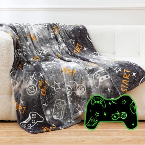 SOCHOW Gamepad Glühen im Dunkeln Decke 127 x 150 cm, Game Controller Muster Weich Warme Kuscheldecke Flanell Fleecedecke Für Kinder Teens Erwachsene, Grau