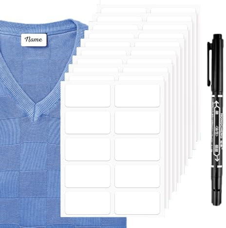 100 etiquetas sin planchado para ropa, pegatinas con nombre, pegatinas autoadhesivas para ropa con 1 marcador de tela permanente para guarderías, hogares de ancianos, campamentos, lavadoras (blanco)