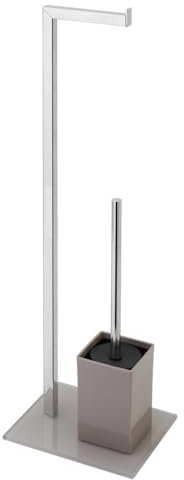 LoviStore Piantana Portarotolo Asciugamano, Porta Scopino in Acciaio Inox, con Base in Vetro Set WC Carta Igienica Multifunzione Salvaspazio Elegante Grigio Tortora