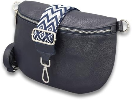 ADEL Bauchtasche Damen Echtleder ADA Handgemachte Umhängetasche Crossbody Bag Hüfttasche mit Ledergürtel + Breiten Gemusterten Riemen 3 Fächer Stylische Schultertasche Made in Italy