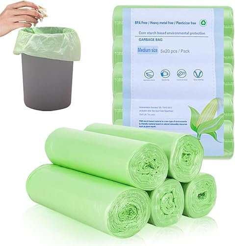 KOMABLEN 150 Sac Poubelle 10l, 5 Rouleaux Biodégradables Sac Amidon de Maïs, Résistant Sacs Poubelle Compostable, Vert Sacs Poubelle pour Salon, Aliments, Salle de Bain, Ménages(45x50cm)