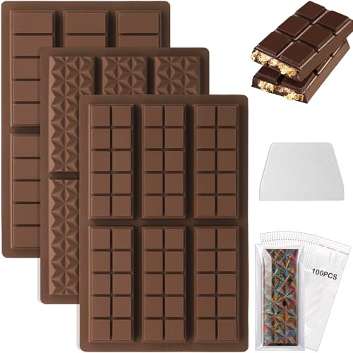 NathrBTV 3 Pièces Moule Tablette Chocolat de 6 Cavités Anti-Adhésifs en Silicone de Qualité Alimentaire Moules à Chocolat en Silicone Moules à Pâtisserie (Moules à bandes + carrés + diamants)