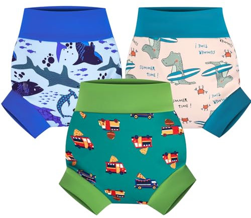 FLYISH DIRECT Couche de Bain bebe Lavables, Imperméable Couche de Piscine pour Enfant Réutilisable, 3 Paquets Anti-fuite Culotte de Bain Réutilisable pour Bébé, 4-5 ans, Dino Vert