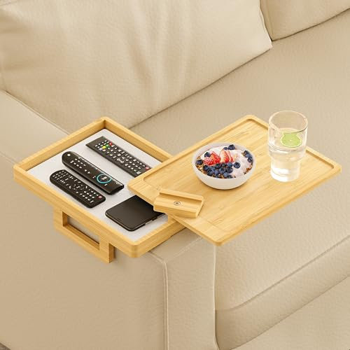 Wealone Bambus Sofatablett, Couch Tablet mit Aufbewahrungsbox, Sofatablett Armlehne mit 360° Telefonständer, Couch Organizer, Sofa Armlehne Ablage für Wohnzimmer Getränke Knabbereien Essen