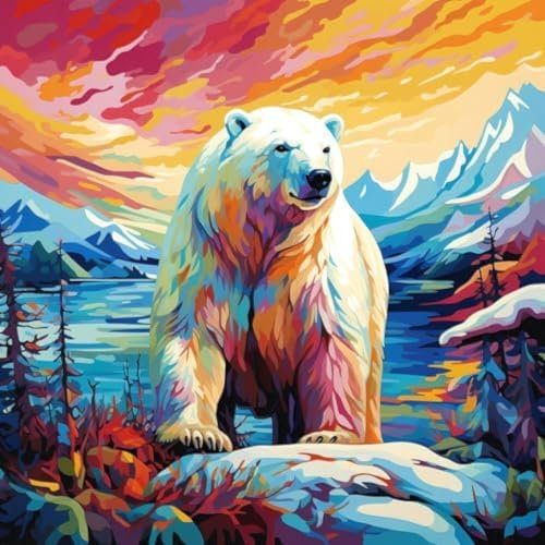 ANSIWEIGO Malen nach Zahlen für Erwachsene, DIY-Ölgemälde-Sets mit Pinseln und Acrylpigment, Leinwandmalerei, Deko-Geschenke, Bunter Eisbär mit verschneiten Bergen, 40 x 50 cm, ohne Rahmen