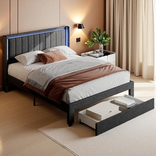 PerGar Doppelbett mit Stauraum, Polsterbett mit Schubladen, Kopfteil mit Ladefunktion, Funktionsbett Stauraumbetten, Jugendbett, Bettgestell, Leinen, Ohne Matratze, Dunkelgrau (180x200cm)