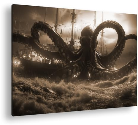 deyoli Kraken greift ein Segelschiff im Sturm an – Chaos auf hoher See. Format: 60x40cm Effekt:Sepia XXL Kunstdruck Motiv auf Holzrahmen/Leinwandbild/Wandbild/Wohnzimmer Dekoration