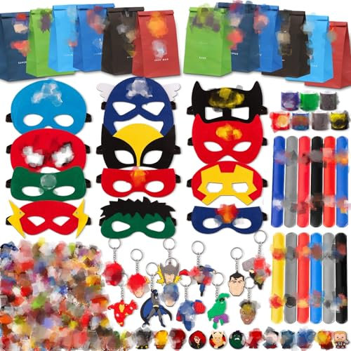 110Pcs Helden Mitgebsel Kindergeburtstag, Geburtstagsdeko Mitgebsel Geburtstag Deko Kinder, Geburtstagstüten Kinder Mit Masken Aufkleber SchlüSselanhänger Slap Bands GeschenktüTen Schuhdekorationen