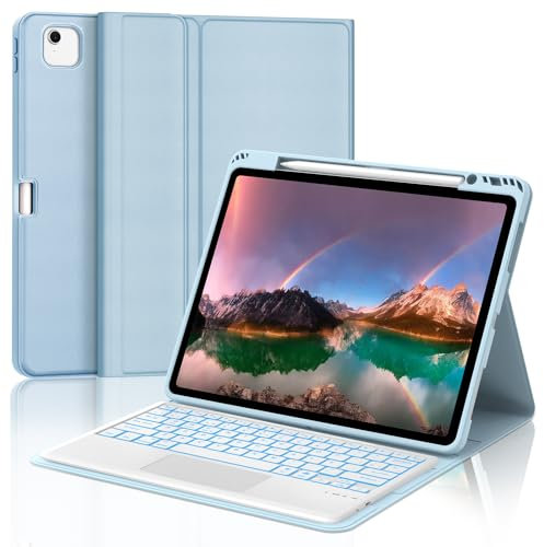 Funda con Teclado para iPad Air 13 2024/2025, Teclado Bluetooth Magnético Retroiluminado de 7 colores con Smart Touchpad y Ranura para Lápiz,Compatible con iPad PRo 12.9 2018-2022, Azul Claro