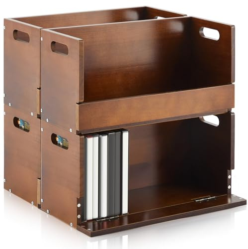 CroBlissful 4 Set Wooden DVD Storage Box DVD Storage Shelf Holder Solid Wood Cassette Tape Display Organizer with Carrying Handle for CD, Movie Cases, Each Organizer Can Store up to 26 Boxes (Brown)