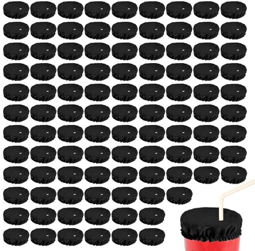 Tinoaly 100pcs Drink Covers Anti Spike, Washable Polyester Drink Spiking Prevention Scrunchie with Straw Hole Black Bottle Cap Protector Accessories Fits Most Cups for Women Girls