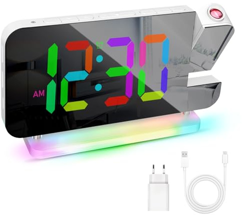 Wecker mit Projektion, LED Spiegelanzeige Digitaler Projektionswecker mit 180 Grad Drehbarem Projektor 10 Farben Nachtlicht 11 RGB Farben Anzeige Wecker Digital Kinder Tischuhr Jungen Mädchen (Weiß)