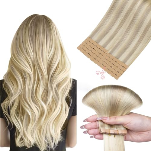 hotbanana Mini Tape in Extensions Echthaar 35cm | Remy Hair Invisible Aschblond bis Goldblond und Platinblond Haarverlängerungen Echthaar Tapes 10PCS 30g