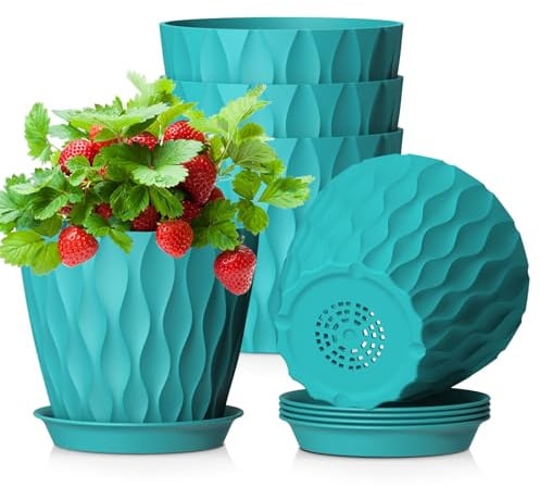 WSMKSZ 12.7cm Plant Pots Indoor, 5 Pack Decorative Small Flower Pots | Plastic Nursery Pots with Saucers & Drainage Holes, 3D Modern Wave Texture, for Succulent, Herbs & House Plants, Blue-Green