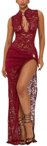 Sukiglam Vestido Largo Mujer Sexy Vestidos de Encaje Transparente Elegante Maxi Vestido sin Mangas con Abertura Alto Diseño Calado Vestidos Ajustado de Fiesta Cóctel Gala Bodas