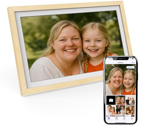 XORO 15 tums wifi, digital fotoram, 1920 x 1080 Full HD 1080P IPS Touch-skärm, 32 GB minne, automatisk rotation, bokträ, dela foton direkt från var som helst